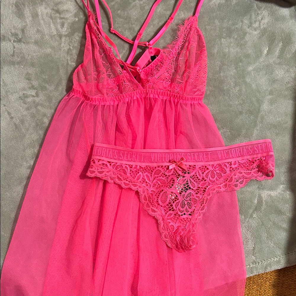 Victoria's Secret Hot Pink Lace Babydoll Set